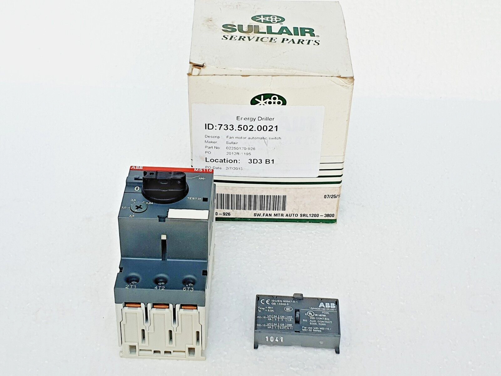 SULLAIR 02250170-926 Fan Motor Automatic Switch, ABB MS116 Manual Motor Starter