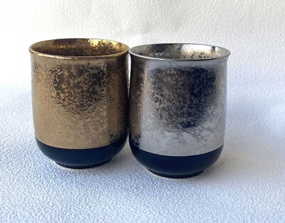 Paar Arita Yaki Porzellan Yunomi Japanisch Grün Teetasse Gold Platin Black Dami