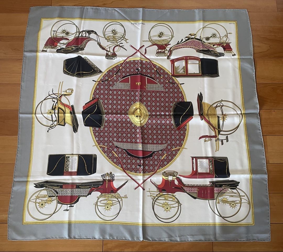 Hermes Carre 90 Silk Scarf Gray White Red Excellent Preowned No Box