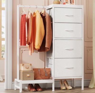 Four-drawer wardrobe with clothes rack, sturdy frame, white, 44 inches tall.
