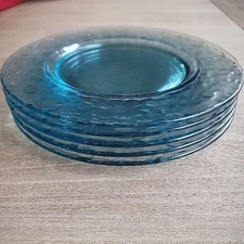 VINTAGE "CARIBBEAN BLUE PEBBLE GLASS" 8" CAKE / BREAD / SALAD PLATES SET of 5