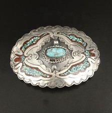 Sterling Silver Turquoise and Coral Southwestern Style Belt Concho