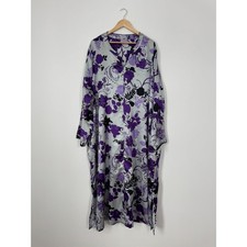 Amoureuse Caftan Women 2X Silver Purple Floral Satin V-Neck Nightgown Maxi
