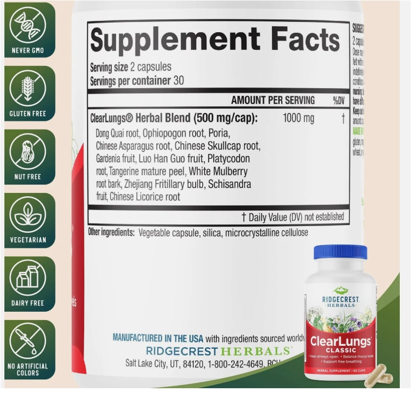 RidgeCrest ClearLungs Classic - 60 веганских капсул - срок годности истекает. 2/2029 - Изображение 2 из 4