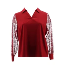 Isaac Mizrahi Stretch Crepe Blouse Lace Slvs Cabernet XL NWOT (1150)