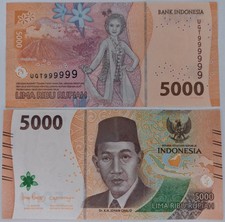 Indonesia Banknotes 5000 5.000 Rupiah 2022 Solid S/N 'UGT 999999' - (UNC) - P164