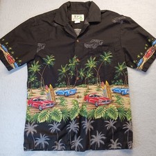 Vtg KY'S Hawaiian Shirt Mens M Black Palm Trees Mustangs Surfboards Made In USA
