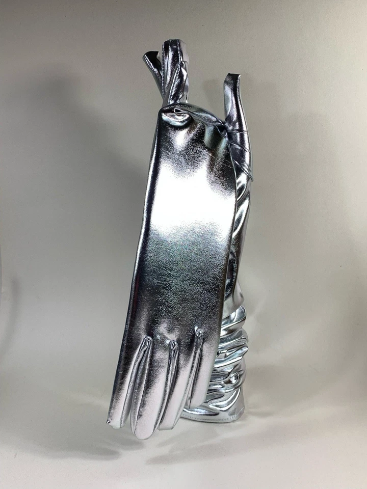 "Guantes plateados de PVC de tela elástica de noche de lujo hasta el codo de 21"" talla única" Foto 3 de 4