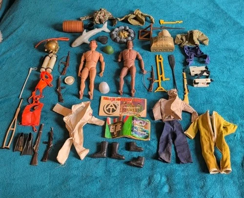 GI Joe Two 1970's Action Figures Black Adventurer And Large Lot Of Acessories