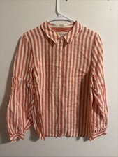 Boden EUC 100% Linen Orange White Size 10R Button Down Long Sleeve Top