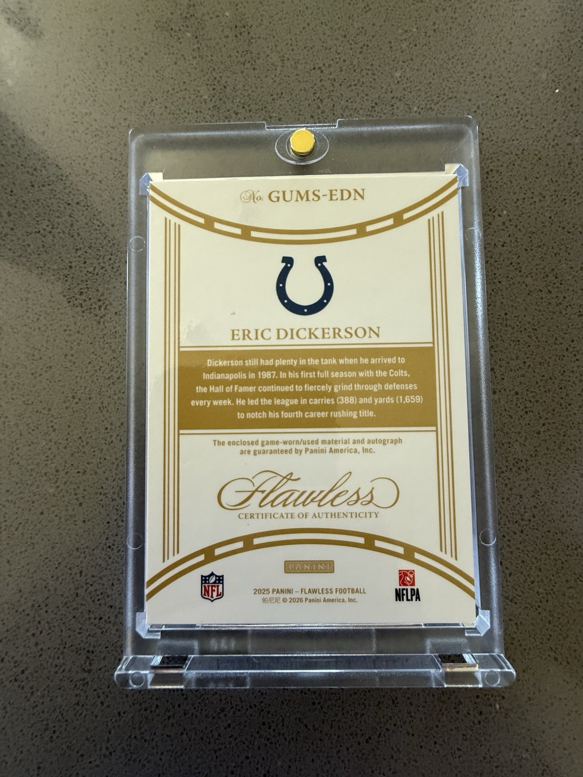 Flawless /15 Eric Dickerson GAME USED Patch Auto Colts 2025 #GUMS-EDN view 2