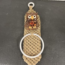 VTG Macrame Ceramic Owl Towel Holder Ring Wall Hanging 19  Retro Boho