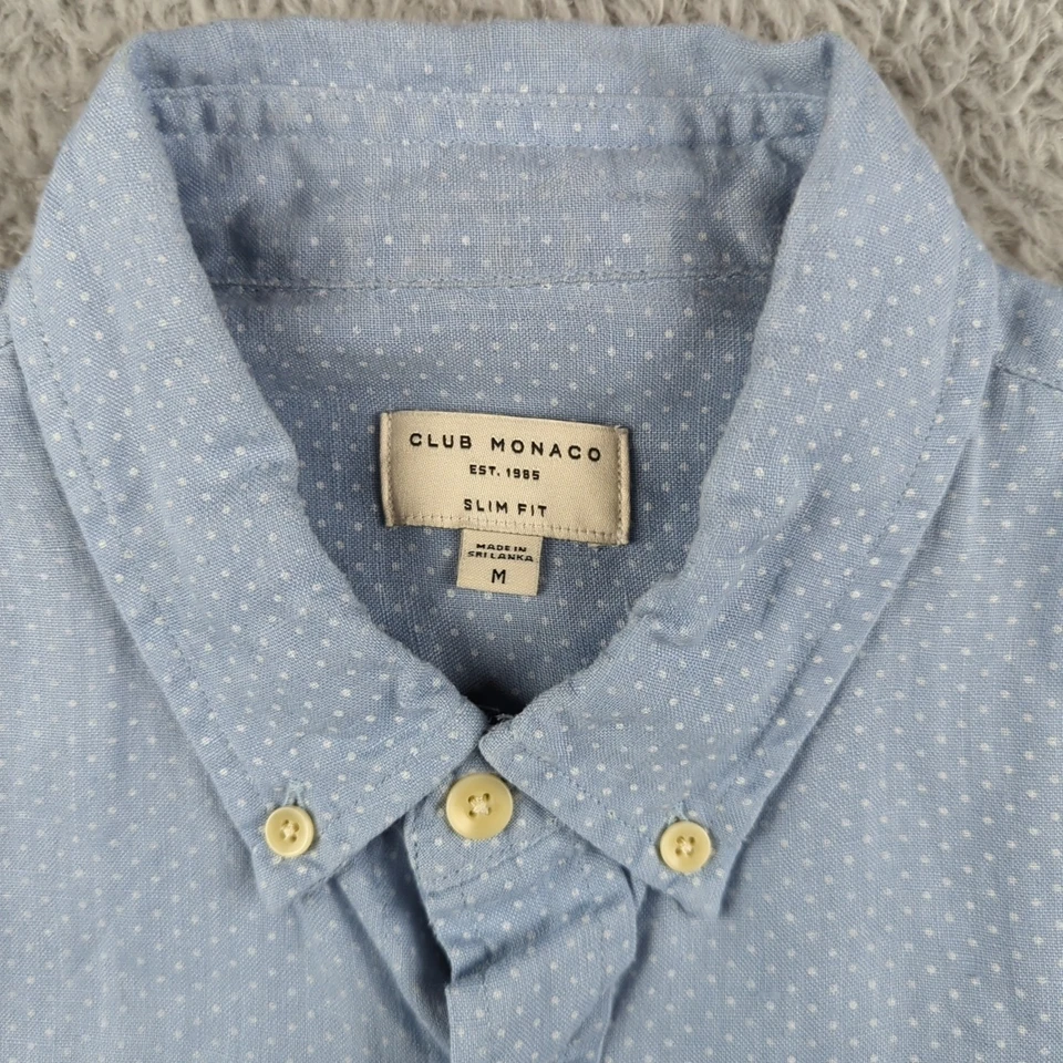 Club Monaco Shirt Mens M Blue Dot Slim Fit 100% Linen Summer Beachy Button Down - Image 3 of 4