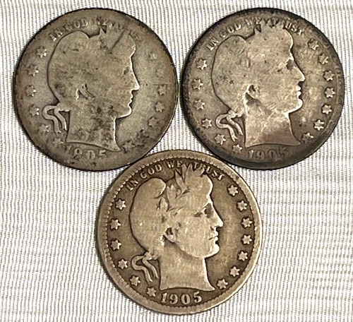Set Of 3 1905 Barber Silver Quarter Dollars with 3 different mints 1905 0 1905 S