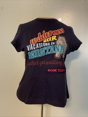 Vtg Y2K Route 66 Baby Tee Blue T-shirt Jrs Womens Medium Montana Wilderness Bear