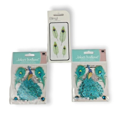 Lot of 3 Jolee's Boutique Peacock Dimensional Stickers and Bling Feathers New