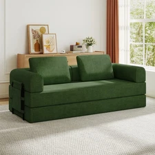 Convertible Sleeper Sofa Bed w Cylindrical Pillow Corduroy Mattress Couch Jade