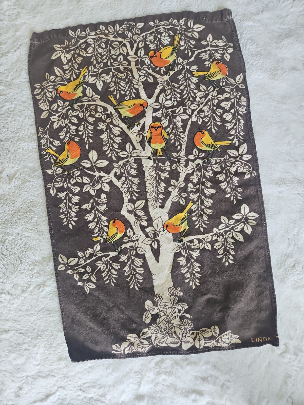 Vintage Linda T Tea Towel Birds in Tree Robin Print Kitchen Linen Decor