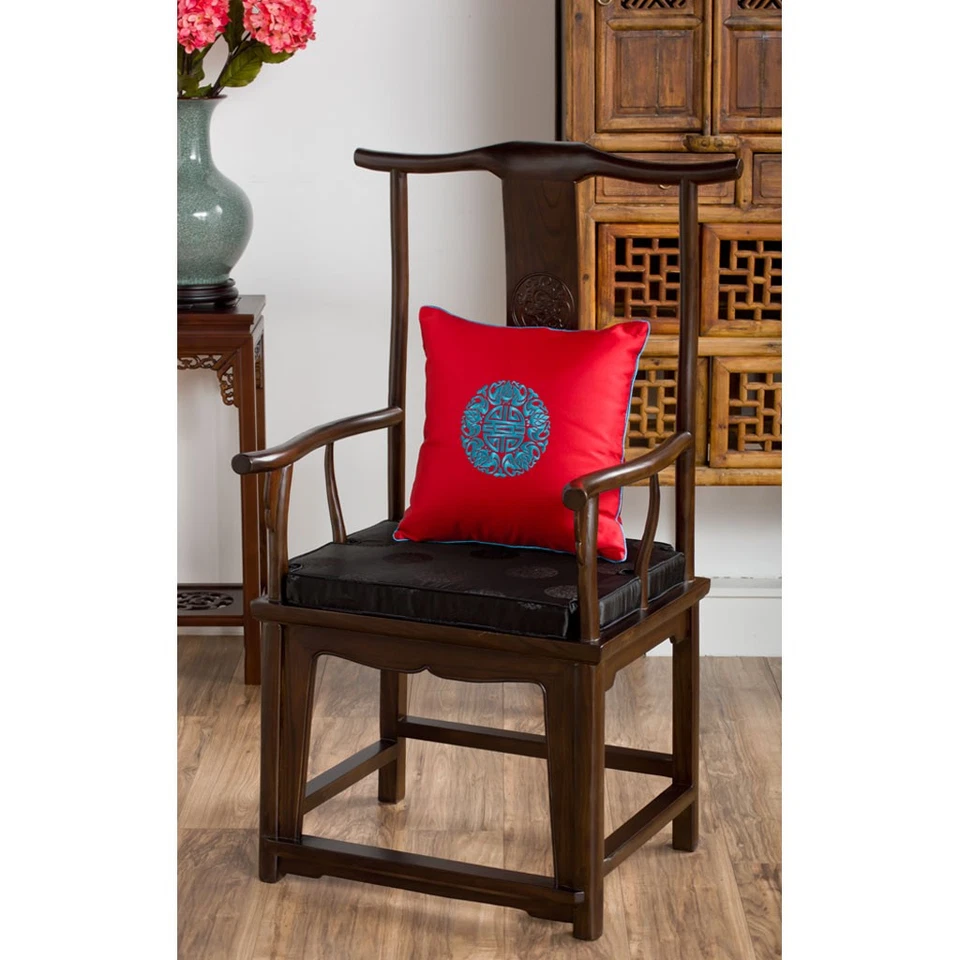 VENDEDOR DE EE. UU. - Almohada china medallón longevidad Shou rojo y turquesa Foto 3 de 3