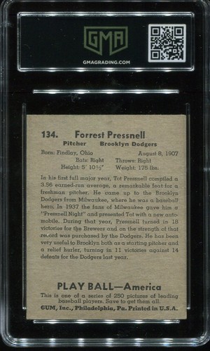 1939 Play Ball R334 #134 Tot Pressnell Brooklyn Dodgers - Rookie - GMA 3.5 VG+ - Picture 2 of 2