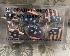 Americana Patriotic Flag Shower Curtain Hooks Pie Stars Hearts Apples NEW