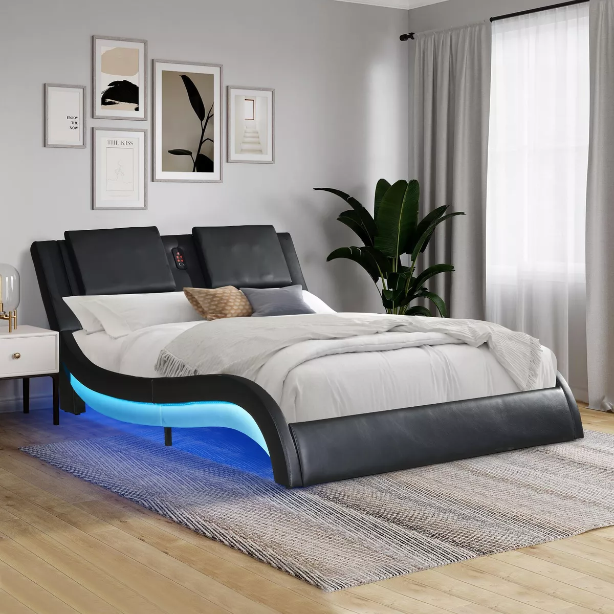 Queen King Upholstered Platform Bed Led Light Backrest Massage Built in Speaker