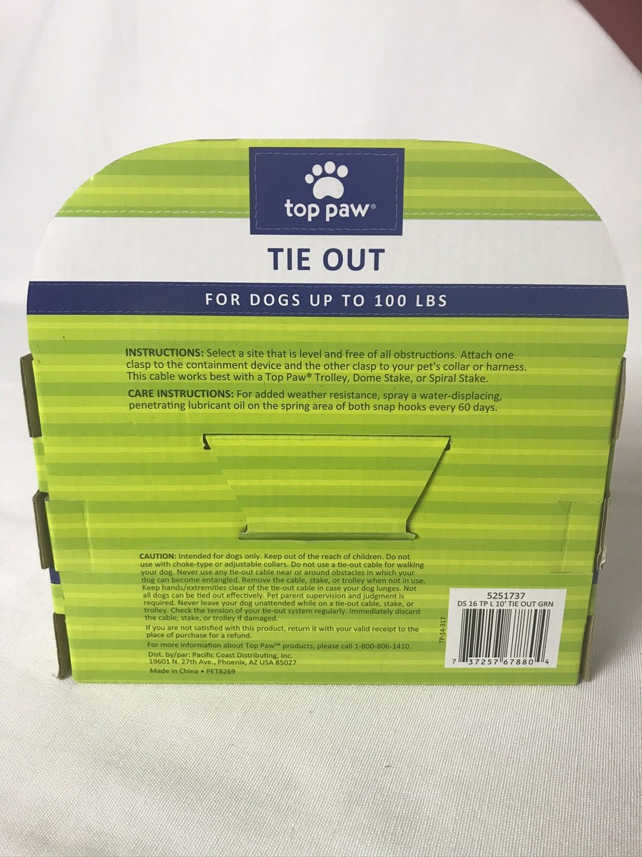 Tie-Out 3mm Cable With Ho, Top Paw Large Up To 100lbs 10ft Long, Dog, New  In Box