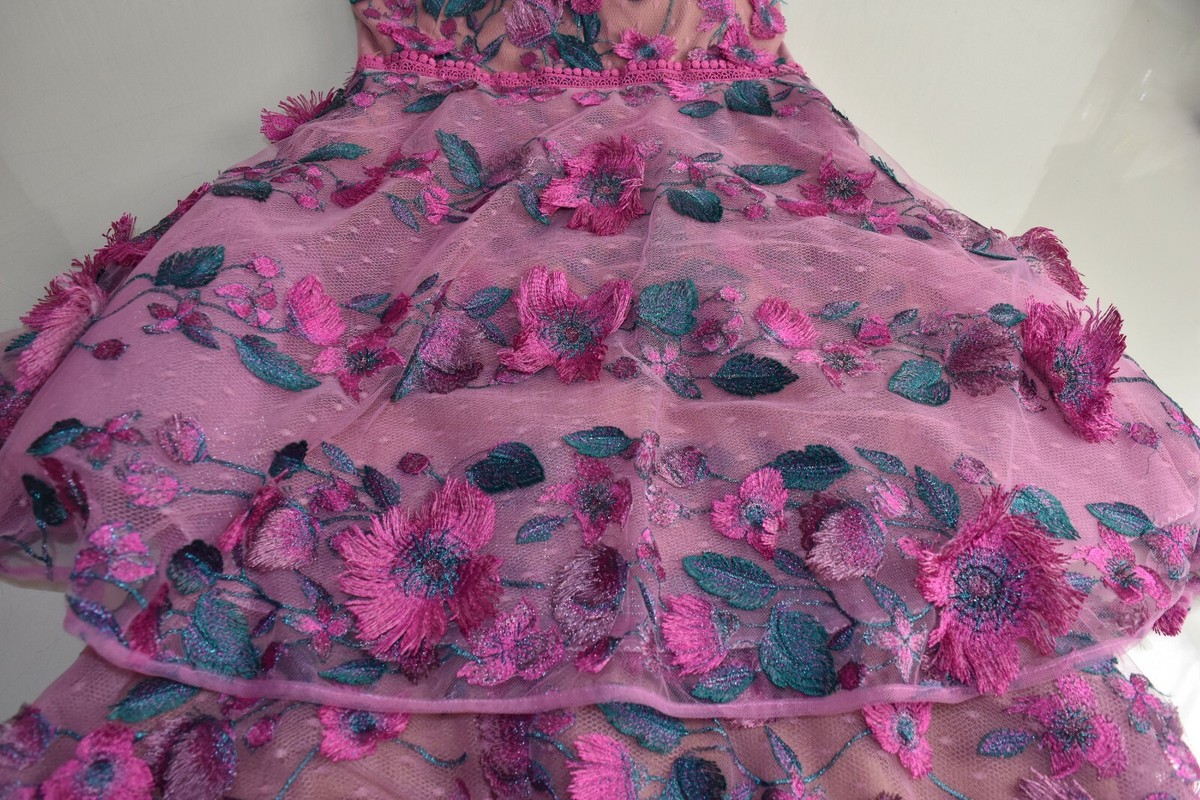 $1295 NEW Marchesa Notte Floral Embroidered Tiered Gown Fringe Pink Lace 0  | eBay