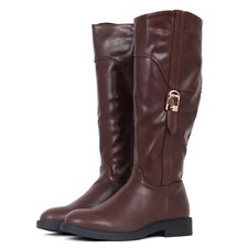 RIDING BOOT BROWN FAUX LEATHER WITH BUCKLE DETAIL KNEE HIGH INSIDE ZIP FLAT SOLE