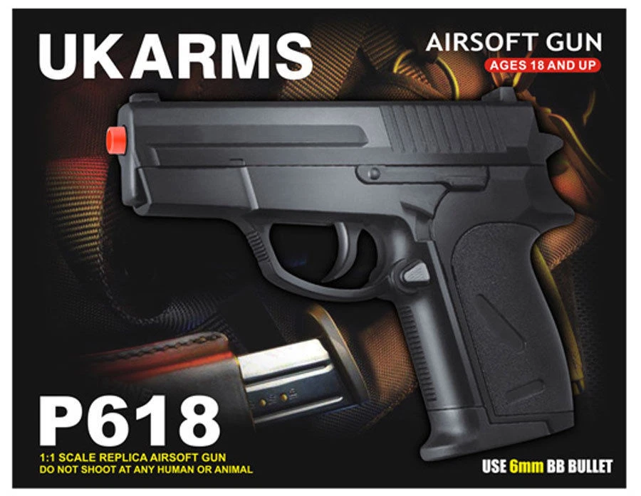 UK ARMS 5.5" Compact Black Plastic Airsoft Pistol Gun Air Soft P618 +1000 BBs