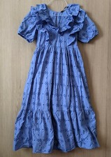 ZARA XS Midi Dress Blue Embroidered Ruffle Openwork Blogger Favorite
