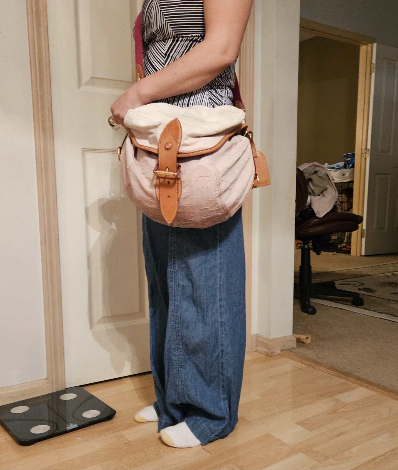 Auth Louis Vuitton Sunshine Pm Denim Jean Burgundy and Blue Handbag CrossbodyBag