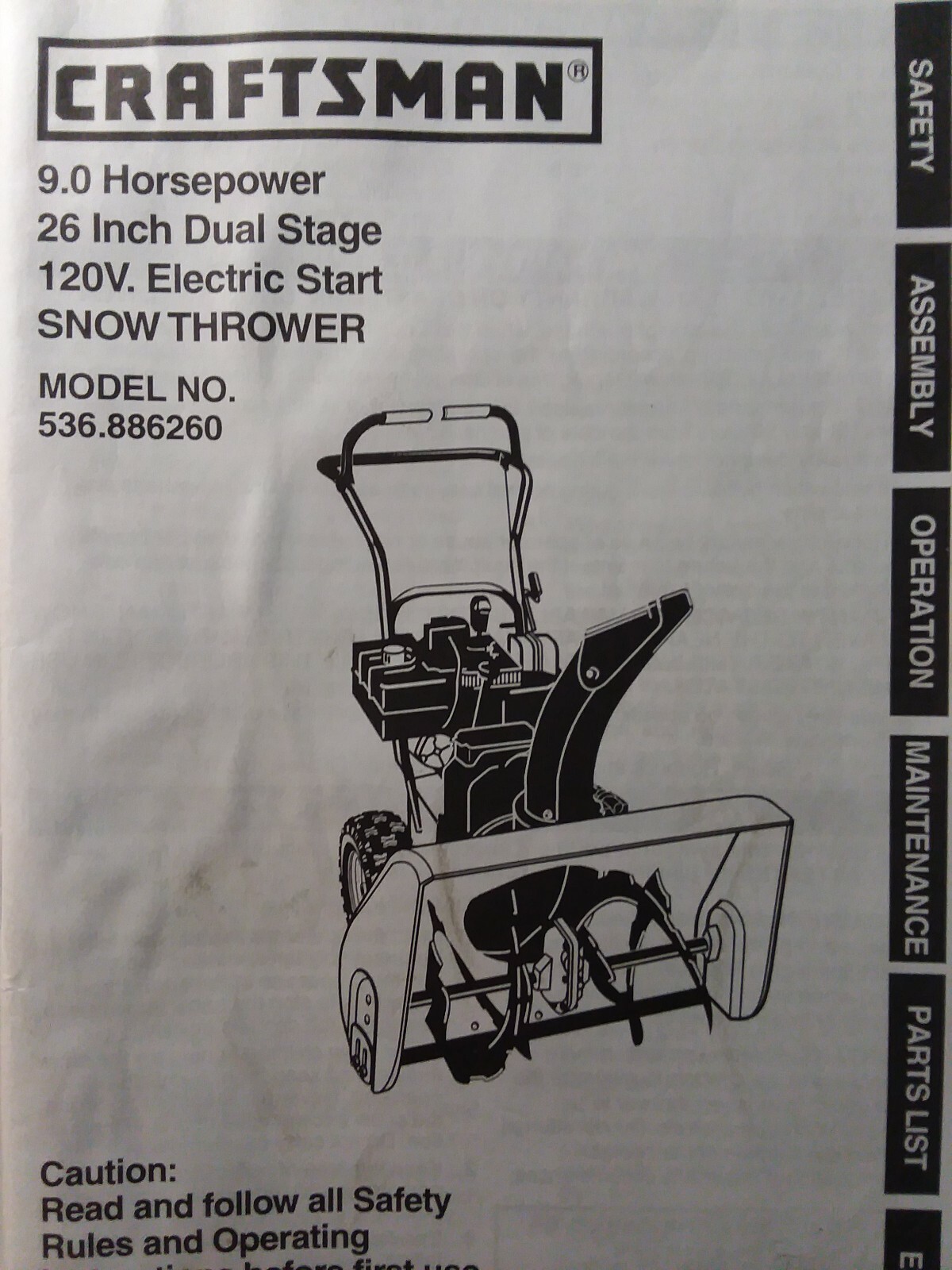 Sears Craftsman 9.hp 26 Snow Thrower Walk-Behind Owner & Parts Manual ...