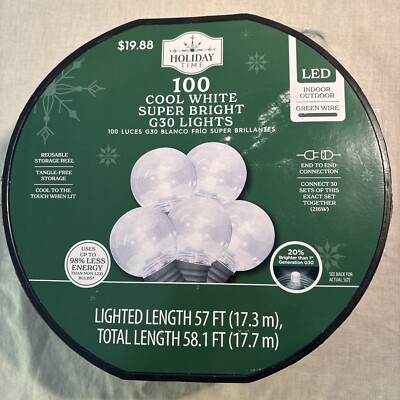 Holiday Time 57Ft 100 Count Cool White LED Super Bright G30 Christmas Lights