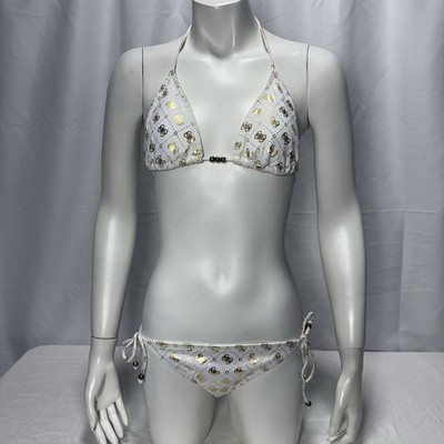 Vintage Y2K 2000s White Gold Logo Guess USA Monogram Bikini Swim Top & Bottom