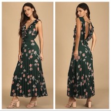 Lulus Loved by You Floral Maxi Dress Sz L Dark Green Pleated Chiffon Ruffle Gown