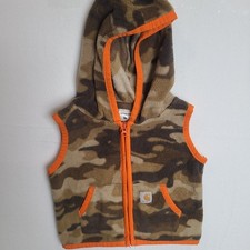 Carhartt Fleece Hood Vest Jacket Boys 6 Months Brown Camo Full Zip Orange Trim
