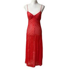 Vtg Union Red Silky Lace Trim Semi Sheer Long Nightgown Size Small Flawed