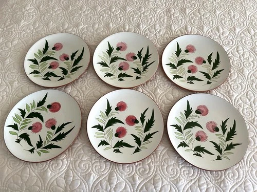 Stangl Pottery Dinner Plate Set 6 Six Pink Thistle Hand Painted Hand Carved 10"