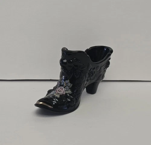 Fenton Art Glass Shoe Black Gold Toe Cabbage Rose Hand Painted Artist Signed VTG