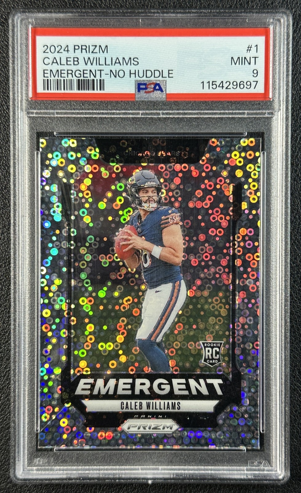CALEB WILLIAMS PSA 9 2024 PANINI PRIZM #1 ROOKIE EMERGENT NO HUDDLE RC BEARS 697