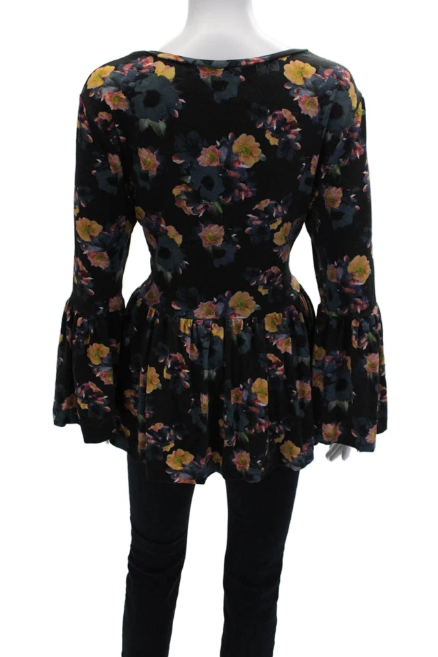 Blusa negra Artelier Nicole Miller floral manga larga con volantes talla XL para mujer Foto 3 de 4