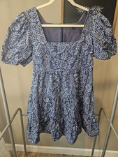 Madewell Poplin Puff-Sleeve Tiered Babydoll Dress in Paisley Garden Size 6 Navy