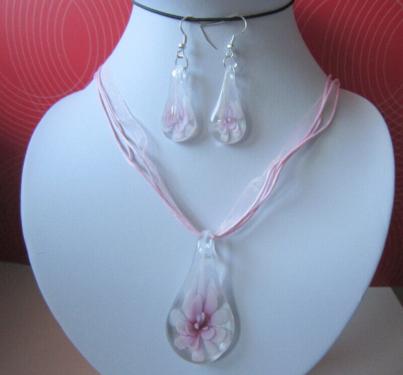 Colgante y pendientes cristal flor 3D rosa collar algodón y organza bisutería