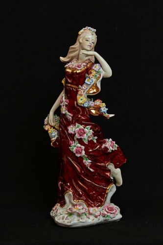 Pavone Porcelain Figurine Girl In Burgundy Dress W Flowers Statue 16" ITALY - 第 1/1 張圖片