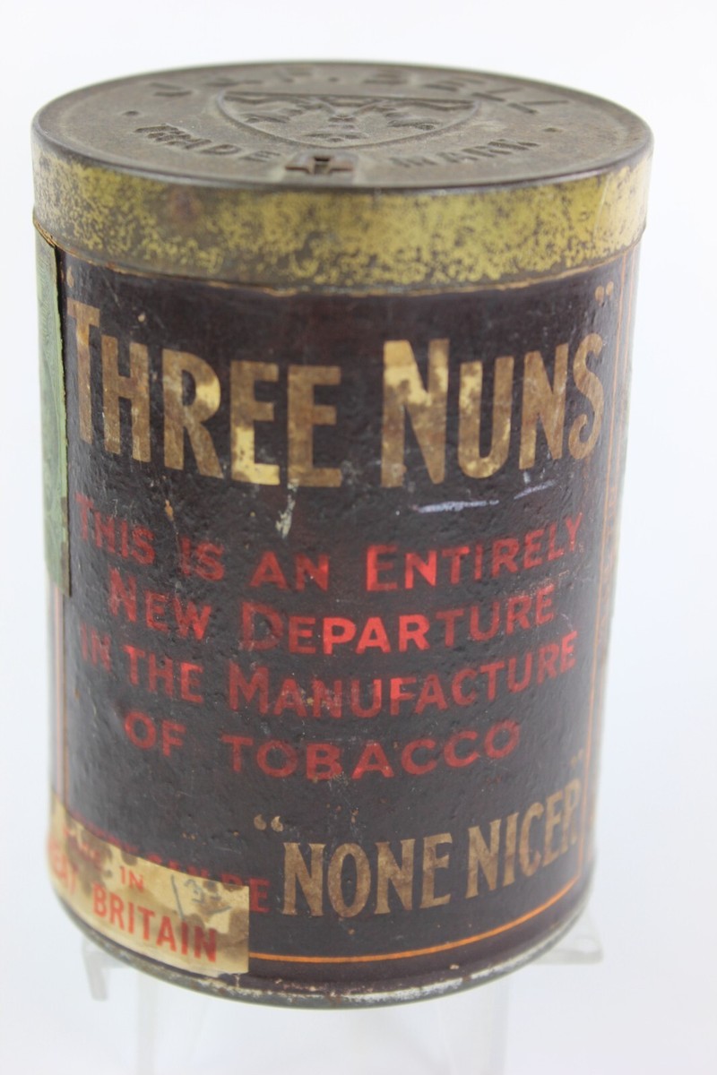 THREE NUNS J & F BELL GLASGOW EARLY ROUNDPAPER LABEL EMPTY TOBACCO TIN