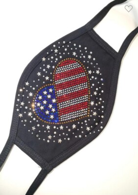 4th Fourth of July US USA Heart bling face mask Bedazzled Diamond Rhinestone