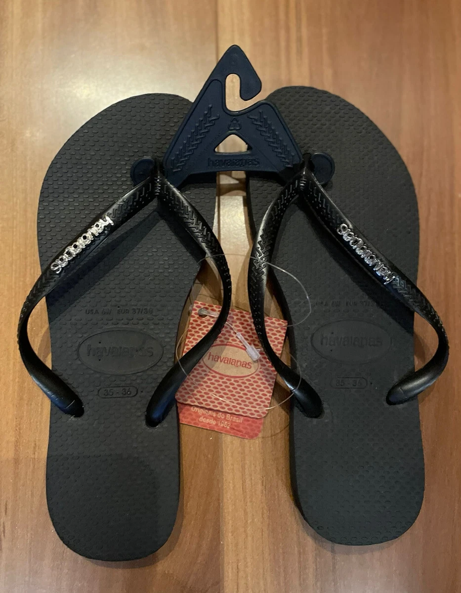 New Havaianas Slim Logo Thongs Metallic Black Silver Size 35 36