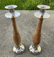 Pair of Wood & Silver Color Metal Candlestick Holders ~ 12.50” Tall