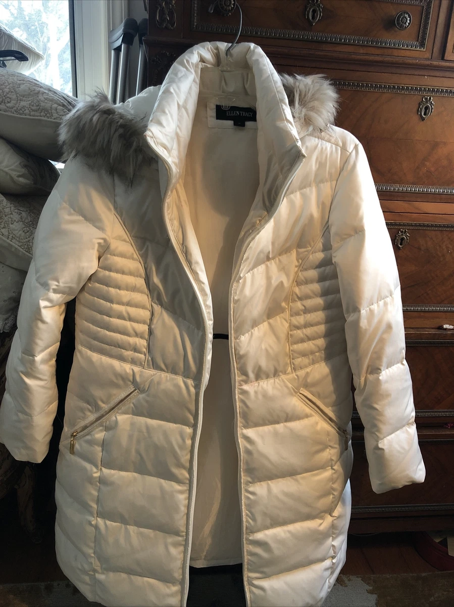 Ellen Tracy white puffer jacket with hood size petite medium eBay